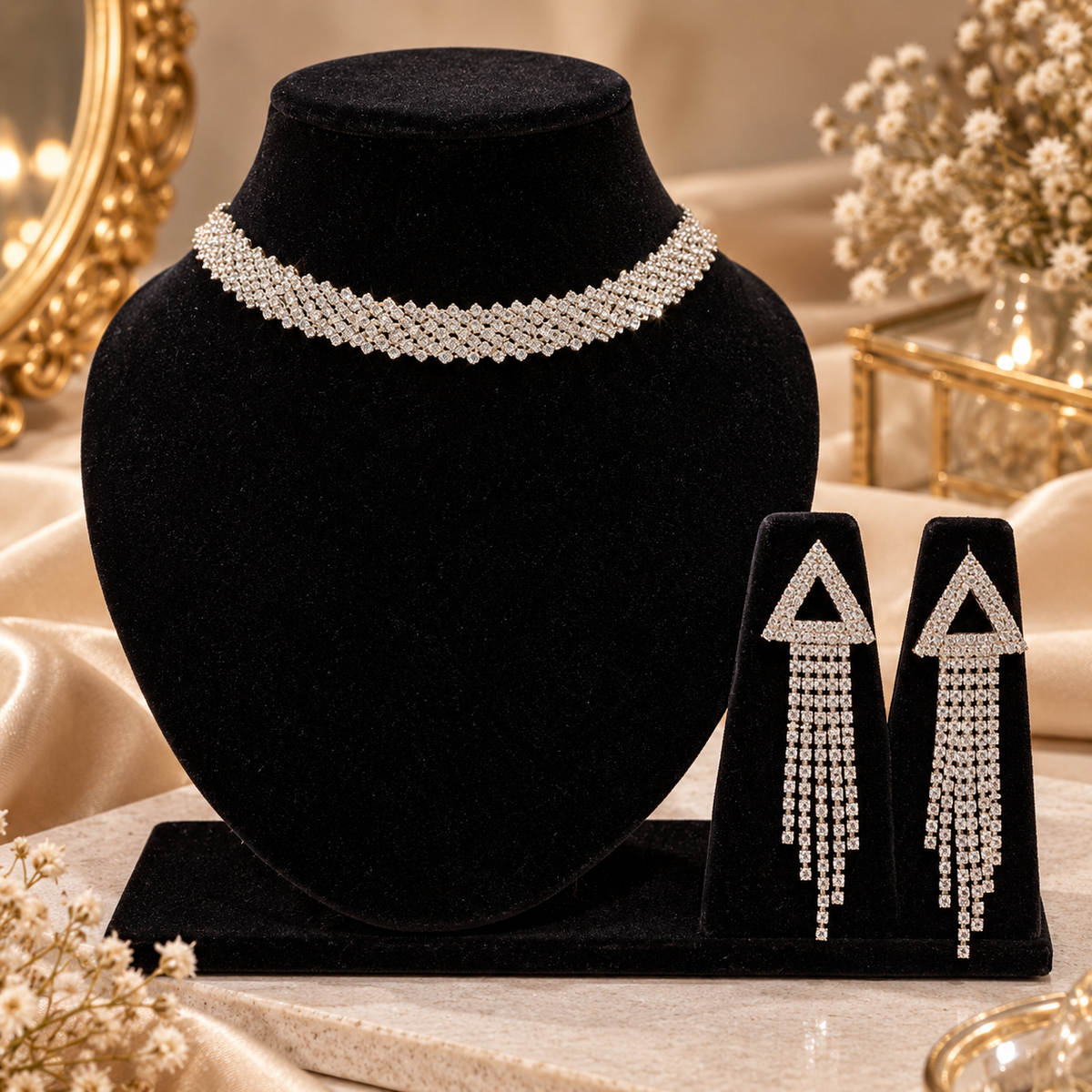 Silver CZ Necklace & Long Drop Earrings Set for Women | Party & Wedding Jewellery