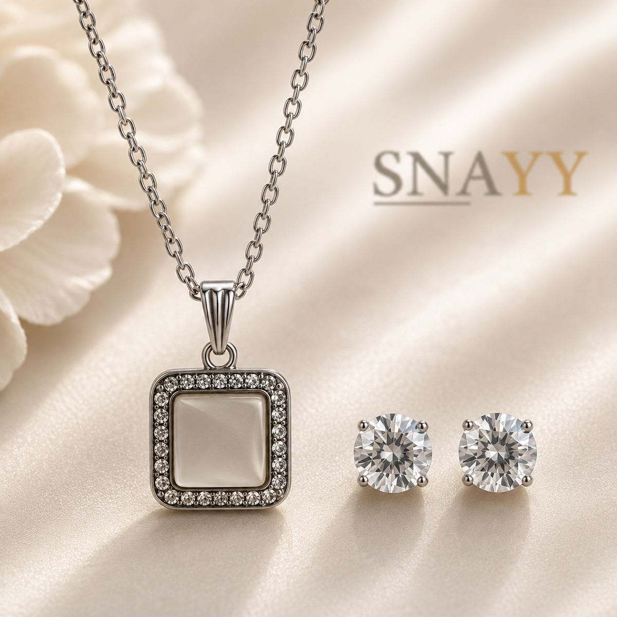 Silver Square Pendant Necklace and Earrings Set for Women