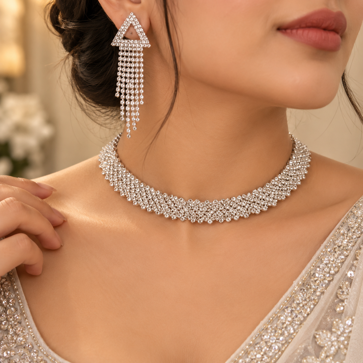 Silver CZ Necklace & Long Drop Earrings Set for Women | Party & Wedding Jewellery
