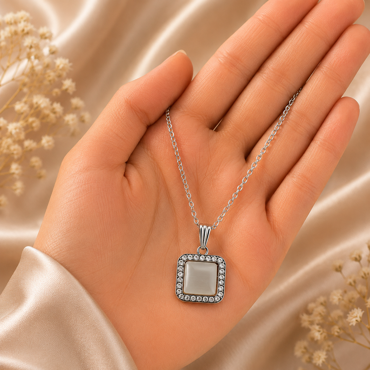 Silver Square Pendant Necklace and Earrings Set for Women