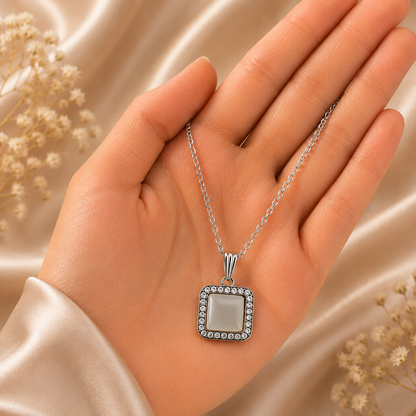 Silver Square Pendant Necklace and Earrings Set for Women
