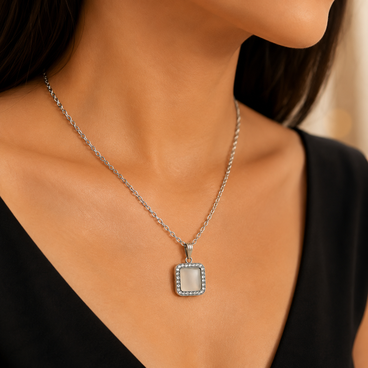 Silver Square Pendant Necklace and Earrings Set for Women
