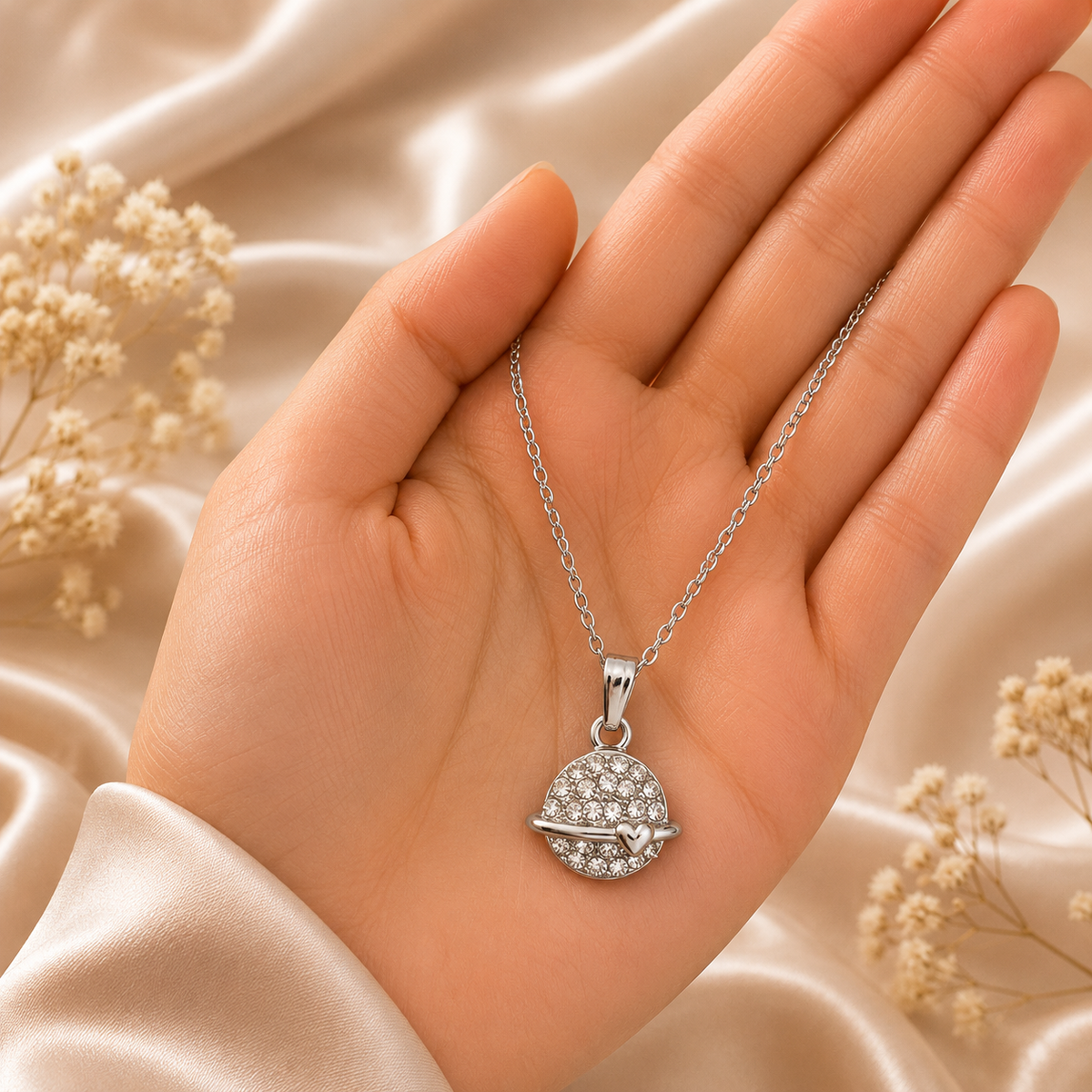 Silver Planet Pendant Necklace and Earrings Set for Women