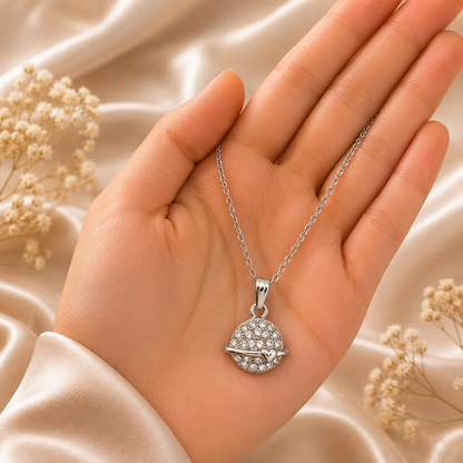 Silver Planet Pendant Necklace and Earrings Set for Women