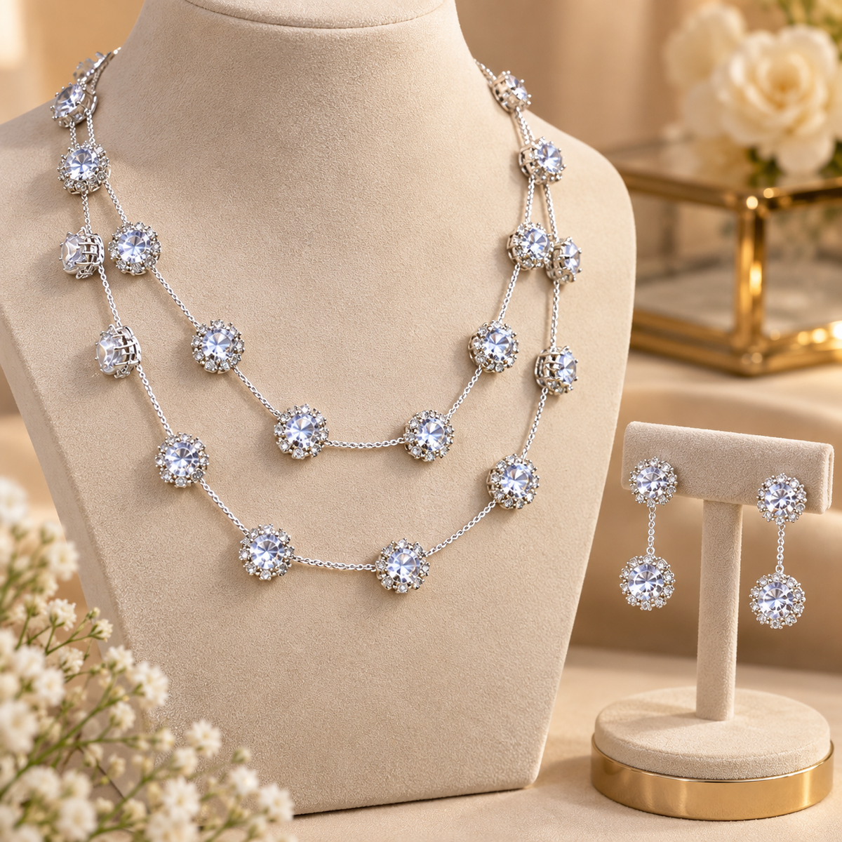 Silver CZ Double Layer Necklace & Earrings Set for Women