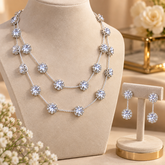 Silver CZ Double Layer Necklace & Earrings Set for Women