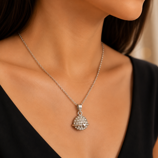 Silver Planet Pendant Necklace and Earrings Set for Women