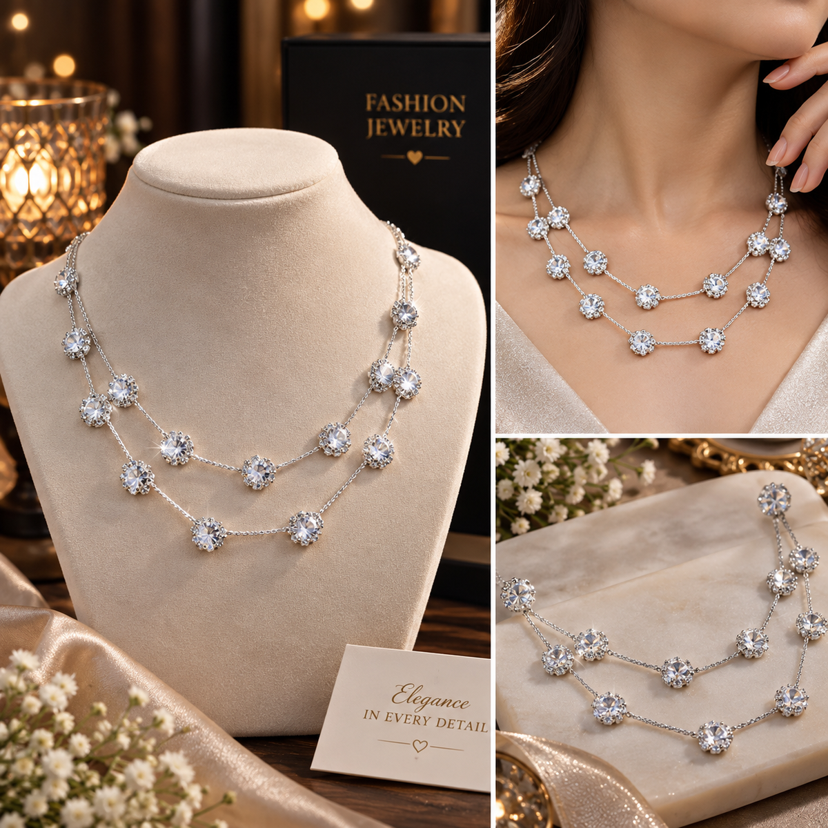 Silver CZ Double Layer Necklace & Earrings Set for Women