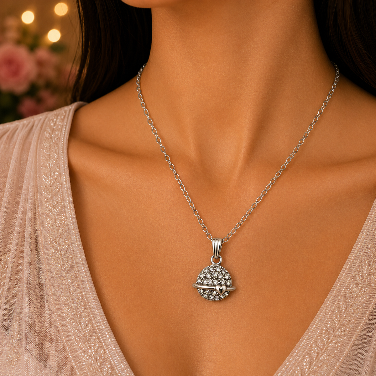 Silver Planet Pendant Necklace and Earrings Set for Women