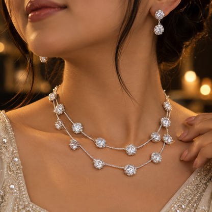Silver CZ Double Layer Necklace & Earrings Set for Women