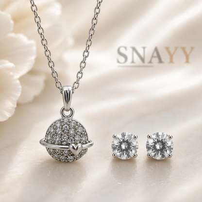 Silver Planet Pendant Necklace and Earrings Set for Women