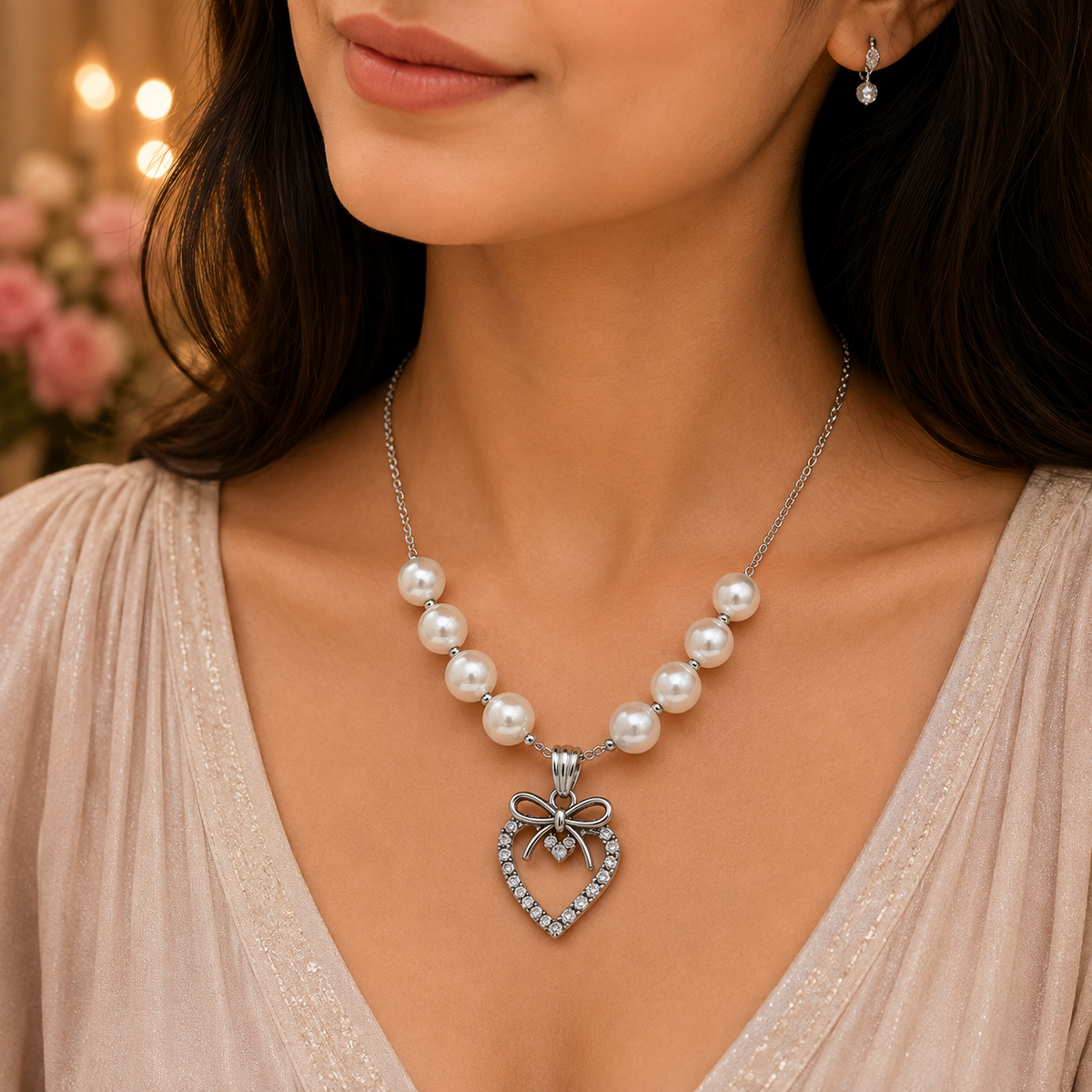 Pearl Bow Heart Pendant Necklace and Earrings Set for Women