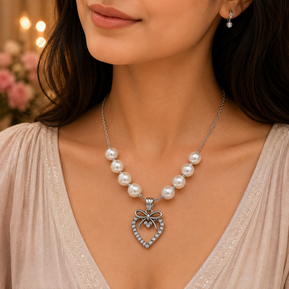Pearl Bow Heart Pendant Necklace and Earrings Set for Women