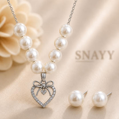 Pearl Bow Heart Pendant Necklace and Earrings Set for Women