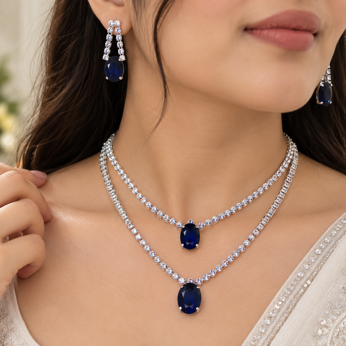 Royal Blue CZ Necklace & Earrings Set – Elegant Party Wear Jewellery Set for Women