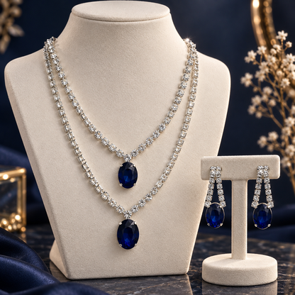 Royal Blue CZ Necklace & Earrings Set – Elegant Party Wear Jewellery Set for Women