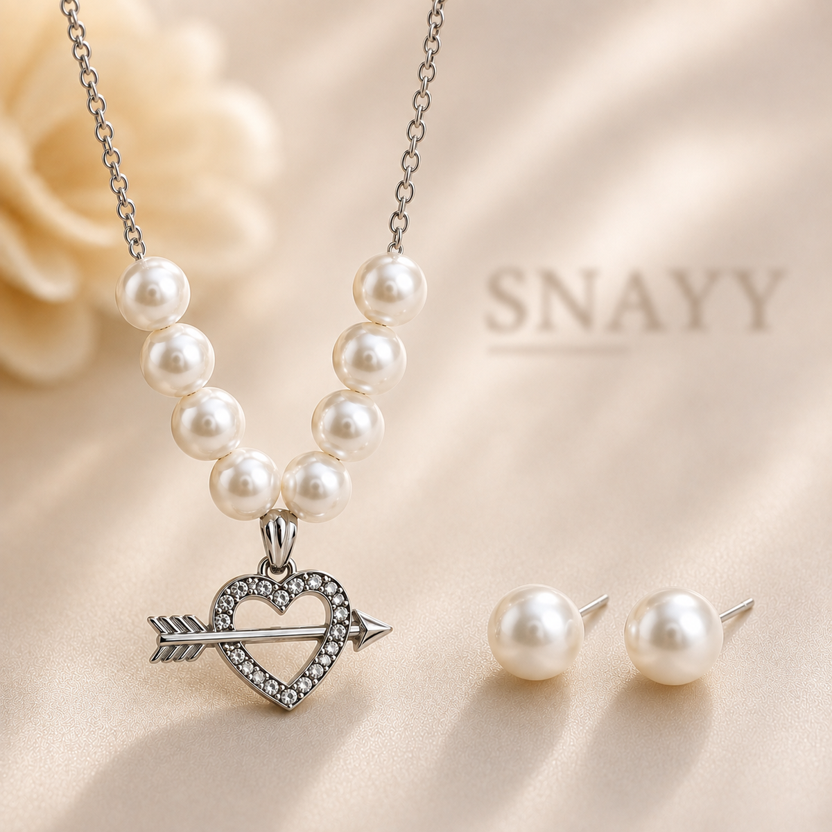Pearl Heart & Arrow Pendant Necklace with Matching Earrings Set