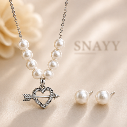 Pearl Heart & Arrow Pendant Necklace with Matching Earrings Set