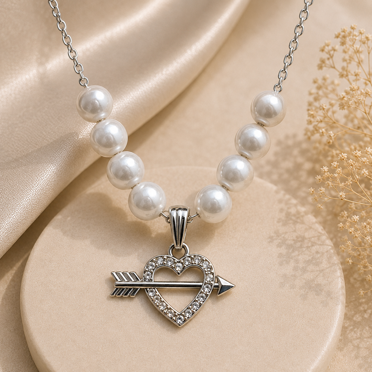 Pearl Heart & Arrow Pendant Necklace with Matching Earrings Set
