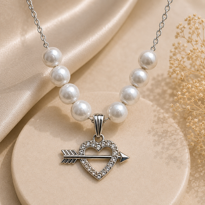 Pearl Heart & Arrow Pendant Necklace with Matching Earrings Set