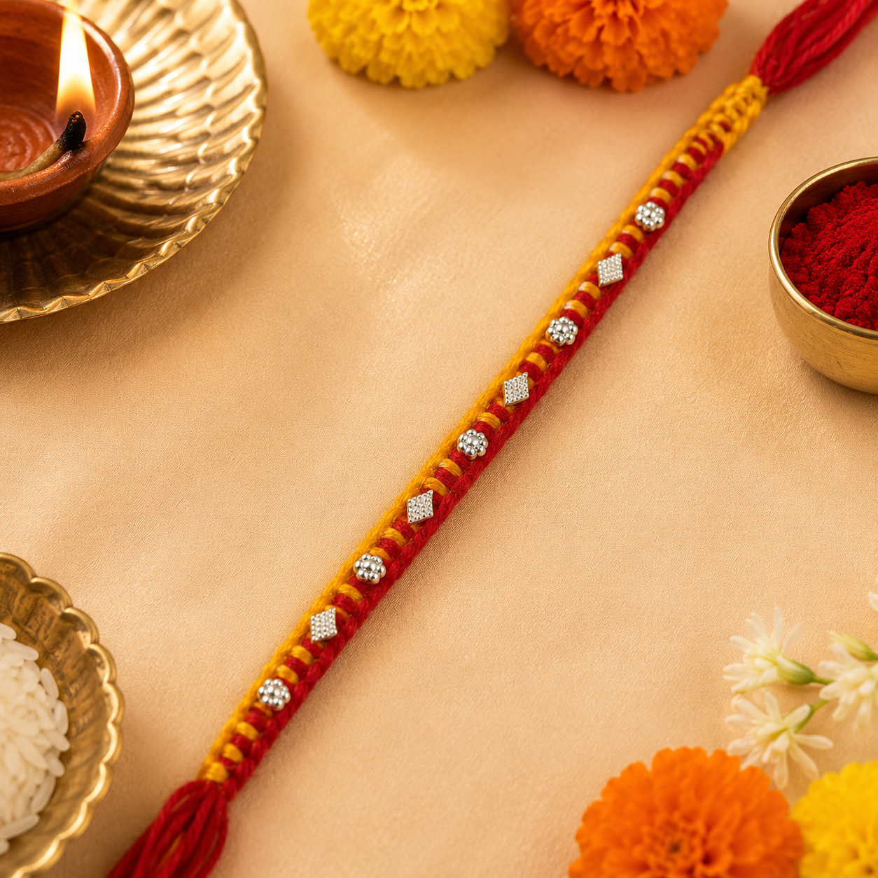 Premium Handcrafted Beaded Rakhi | Traditional Red & Yellow Thread Rakhi