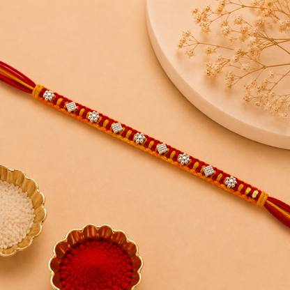 Premium Handcrafted Beaded Rakhi | Traditional Red & Yellow Thread Rakhi