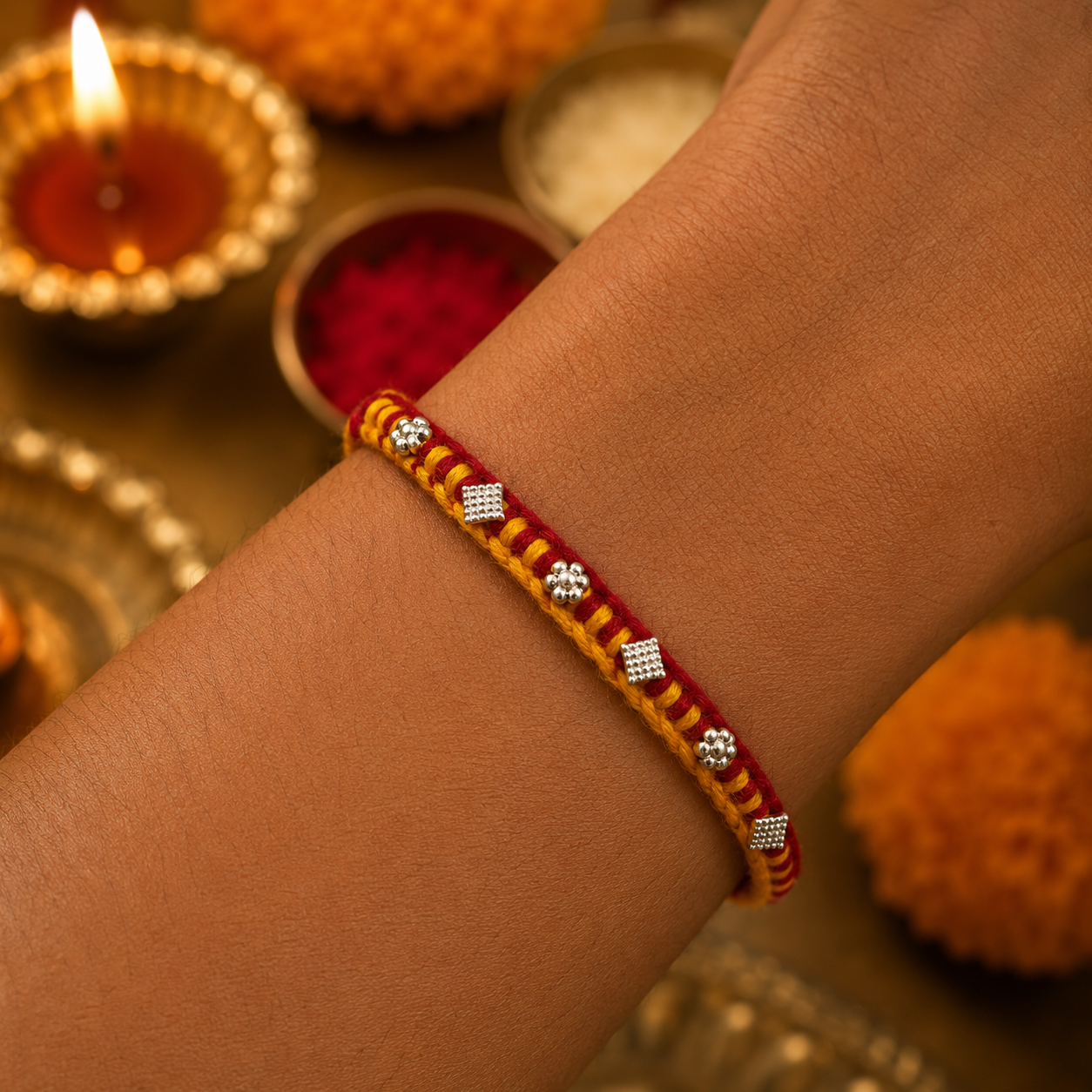 Premium Handcrafted Beaded Rakhi | Traditional Red & Yellow Thread Rakhi