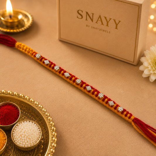 Premium Handcrafted Beaded Rakhi | Traditional Red & Yellow Thread Rakhi