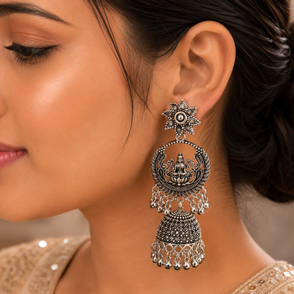 Antique Silver Lakshmi Peacock Jhumka Earrings for Women