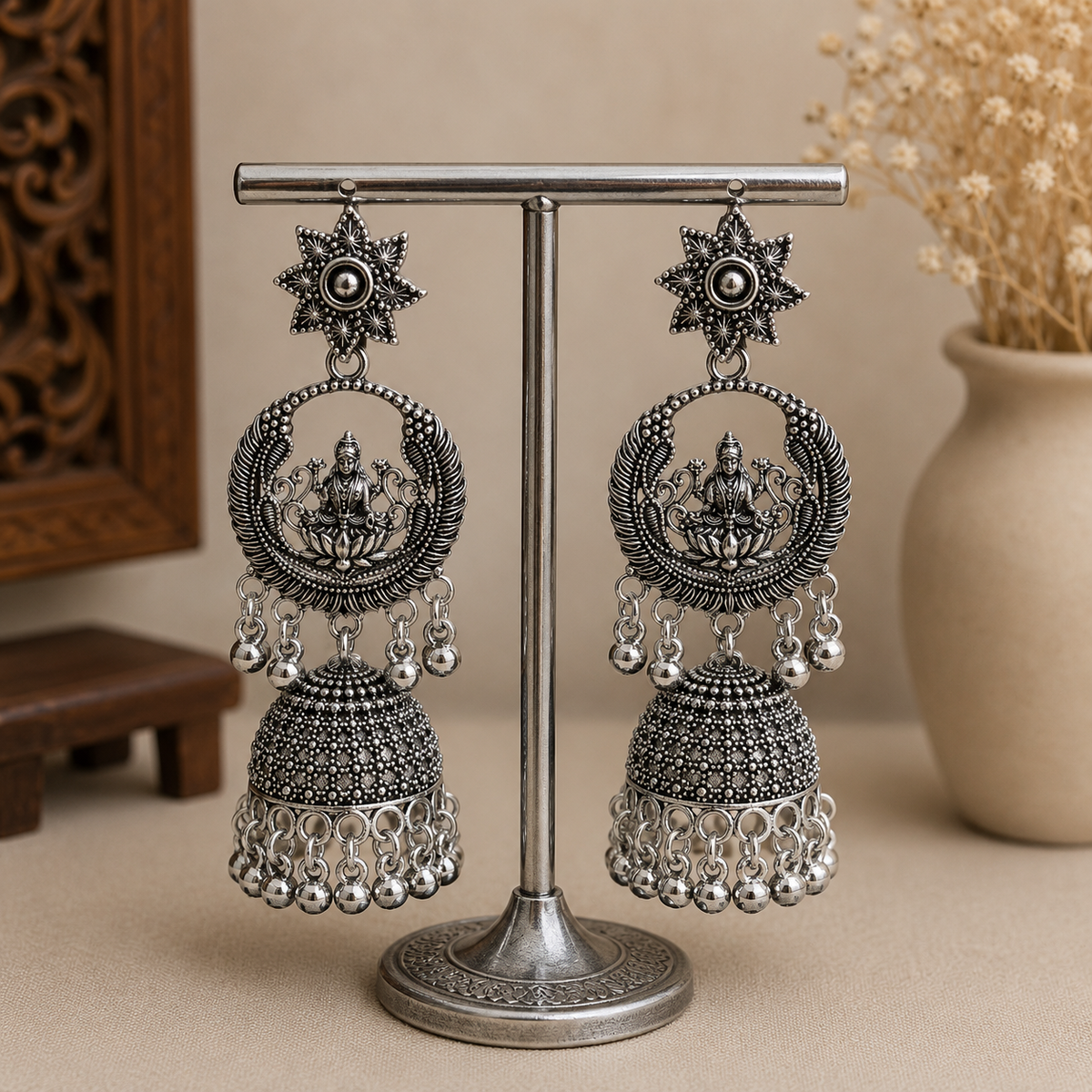 Antique Silver Lakshmi Peacock Jhumka Earrings for Women