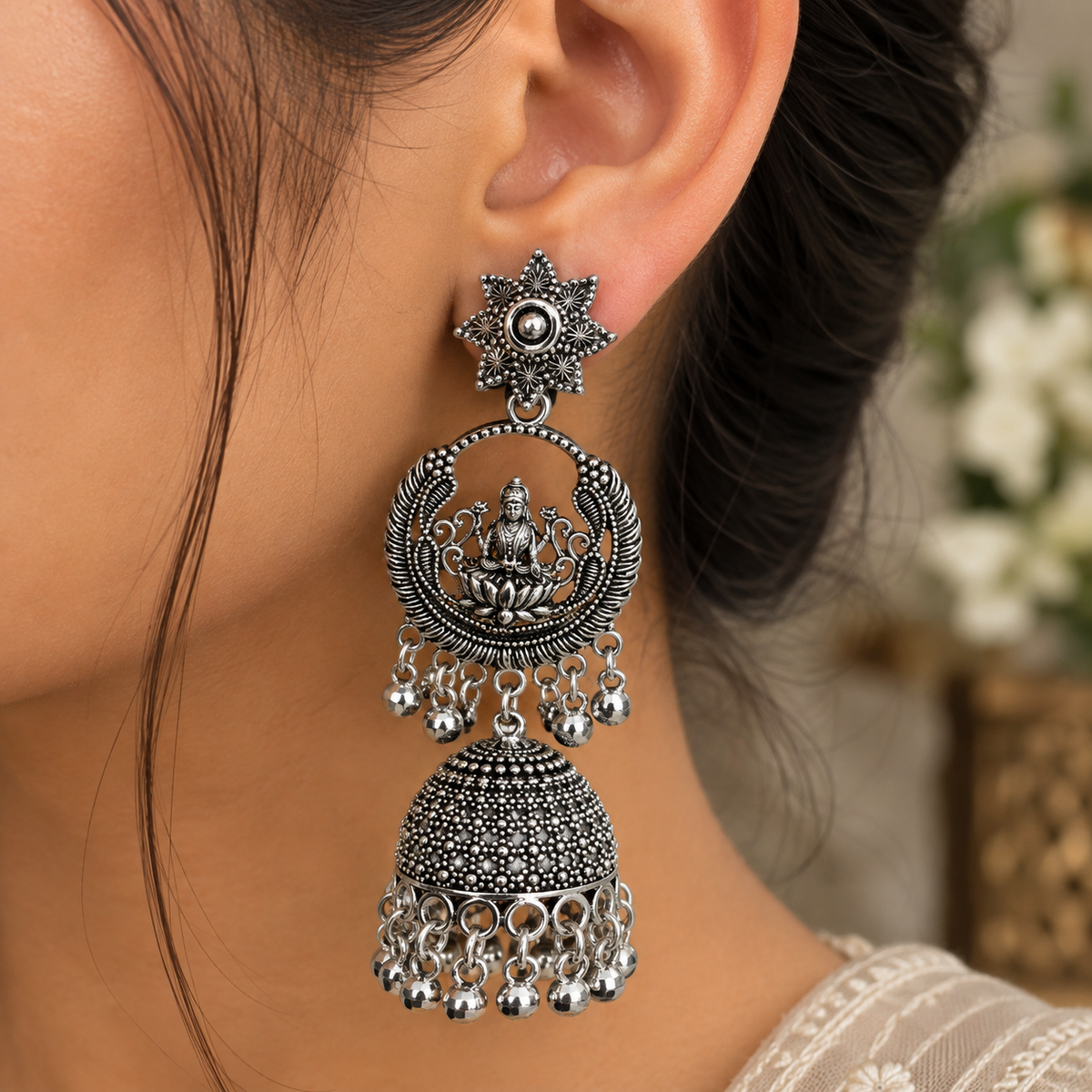 Antique Silver Lakshmi Peacock Jhumka Earrings for Women