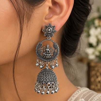 Antique Silver Lakshmi Peacock Jhumka Earrings for Women