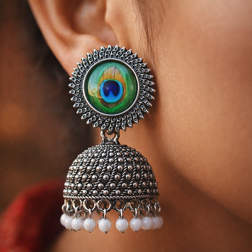 Peacock Oxidised Jhumka Earrings with Pearl Chain for Women
