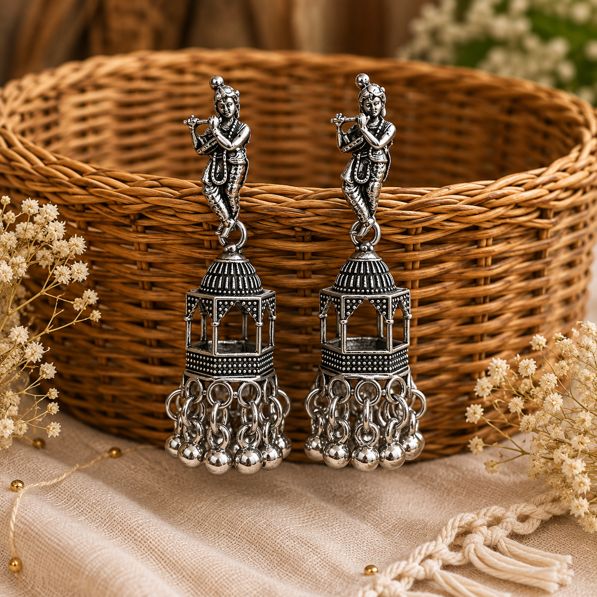 Krishna Flute Oxidized Silver Jhumka Earrings for Women