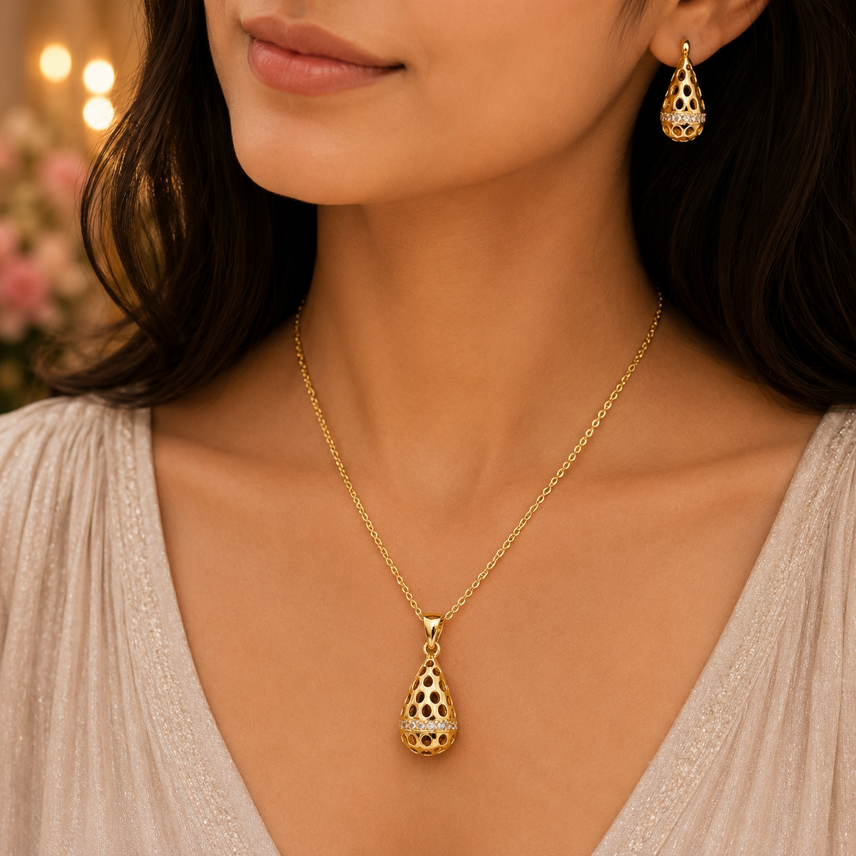 Elegant Gold Teardrop Chain Pendant Set with Earrings