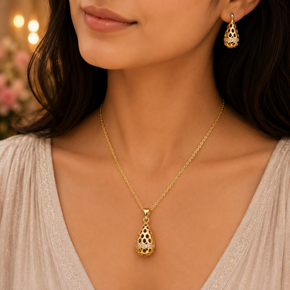 Elegant Gold Teardrop Chain Pendant Set with Earrings