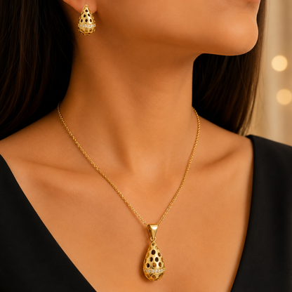 Elegant Gold Teardrop Chain Pendant Set with Earrings