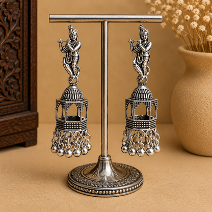 Krishna Flute Oxidized Silver Jhumka Earrings for Women