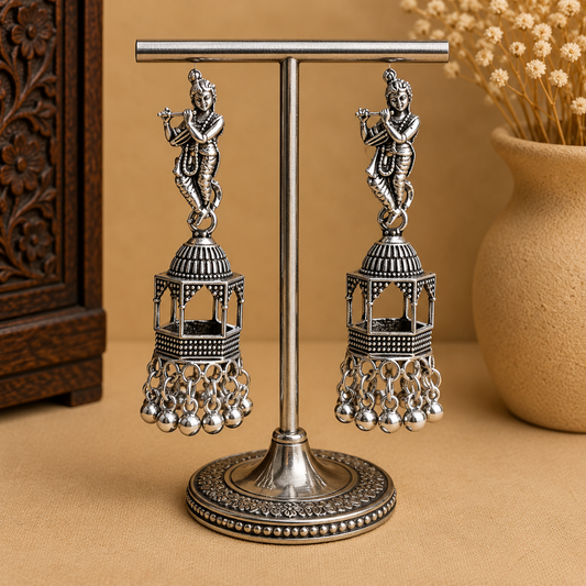 Krishna Flute Oxidized Silver Jhumka Earrings for Women