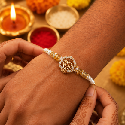 Gold Finish Om Rakhi with Pearl Beads