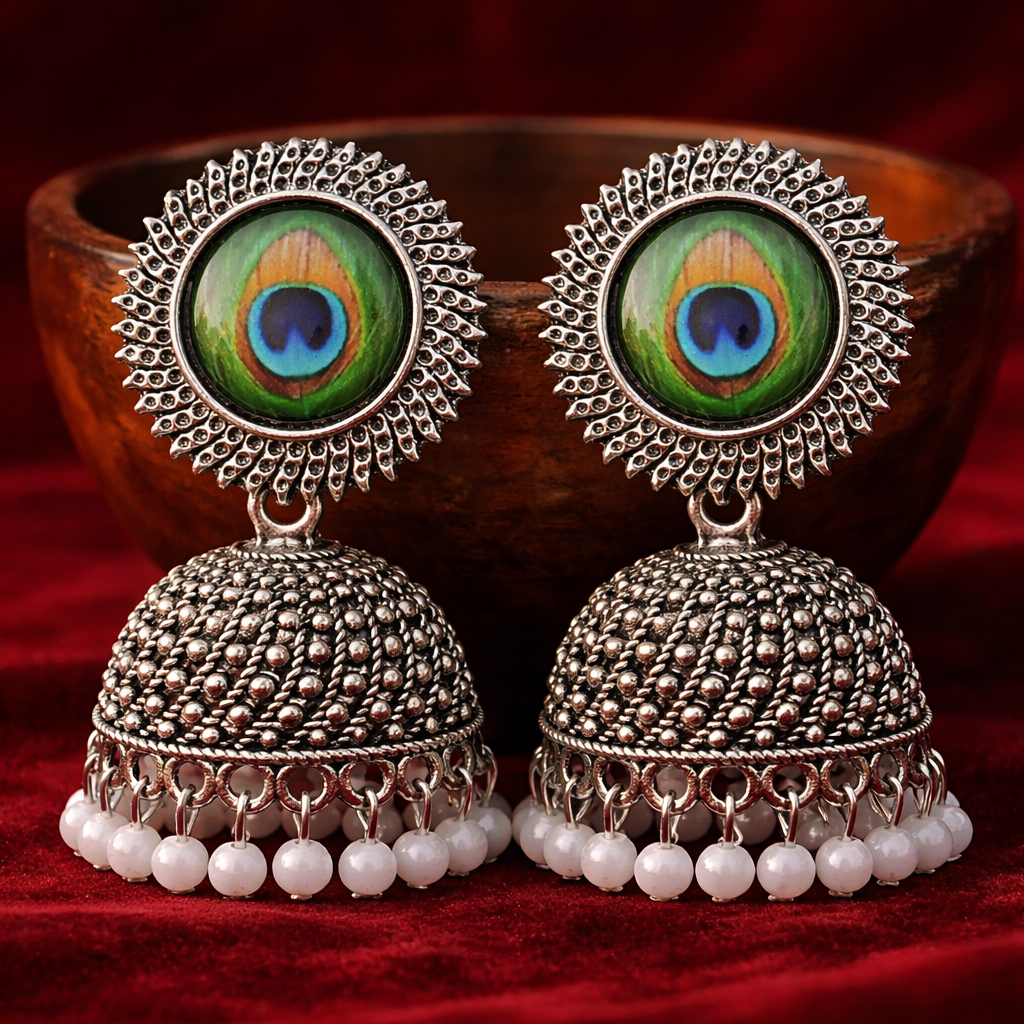 Peacock Oxidised Jhumka Earrings with Pearl Chain for Women