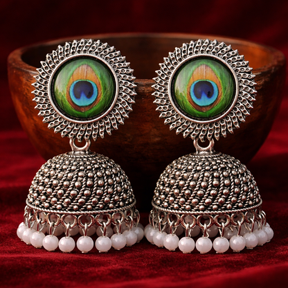 Peacock Oxidised Jhumka Earrings with Pearl Chain for Women