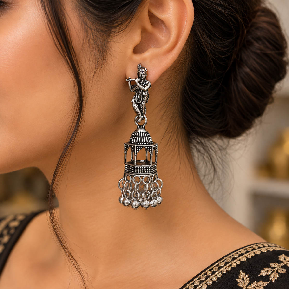 Krishna Flute Oxidized Silver Jhumka Earrings for Women