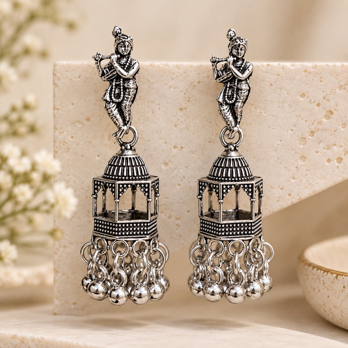 Krishna Flute Oxidized Silver Jhumka Earrings for Women