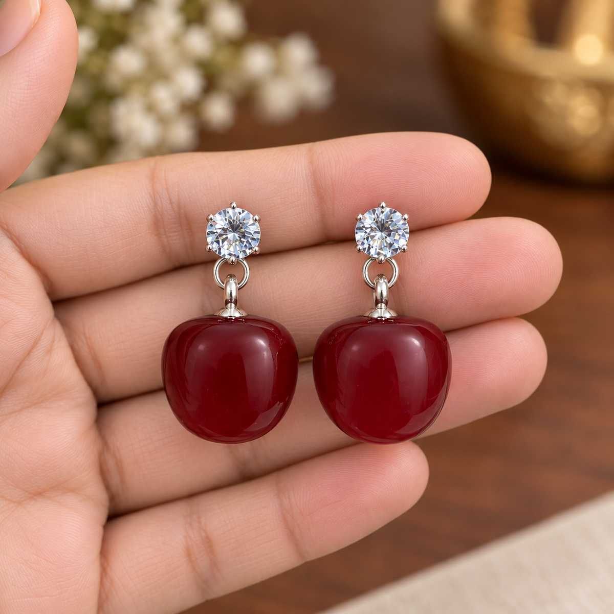 Red Cherry Drop Earrings for Women | Crystal Stud Hanging Earrings | Elegant Party Wear Jewellery