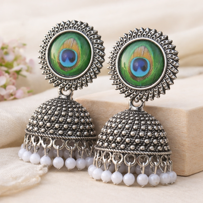 Peacock Oxidised Jhumka Earrings with Pearl Chain for Women
