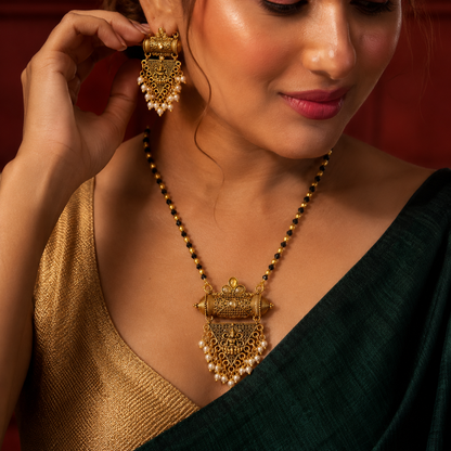 Traditional Black Beaded Lakshmi Necklace Set with Pearl Drops