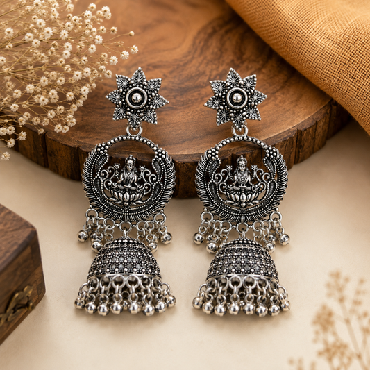 Antique Silver Lakshmi Peacock Jhumka Earrings for Women