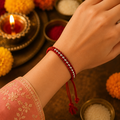 Premium Red Thread Beaded Bracelet Rakhi | Adjustable Designer Rakhi