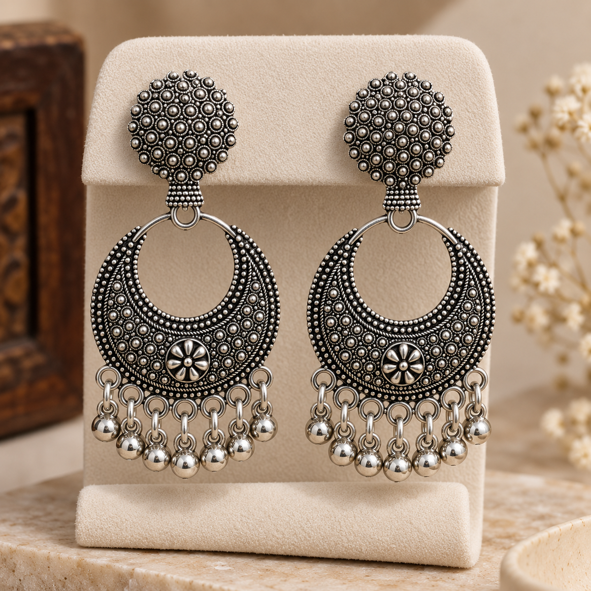 Oxidized Silver Jhumka Earrings for Women | Traditional Floral Drop Earrings